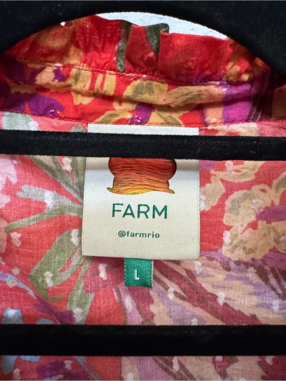 FARM Rio Red Spring Bananas Floral Ruffle V-Neck Puff Long Sleeve Blouse L